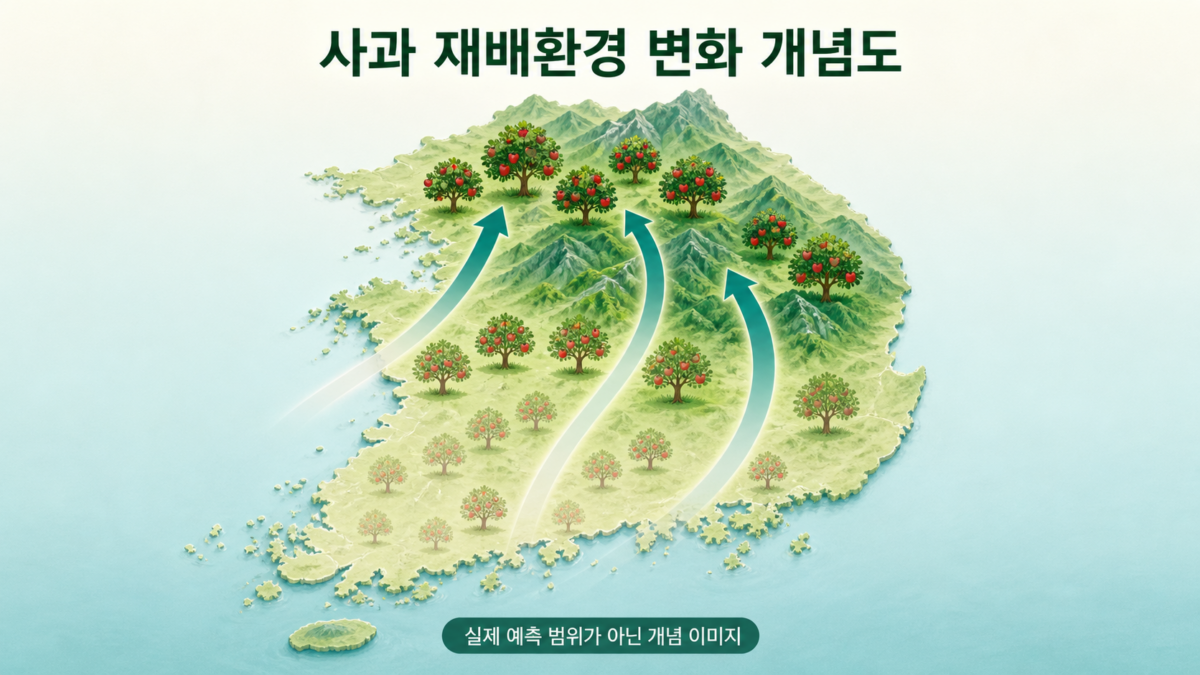 사과 재배환경이 북부와 고지대로 이동하는 개념도