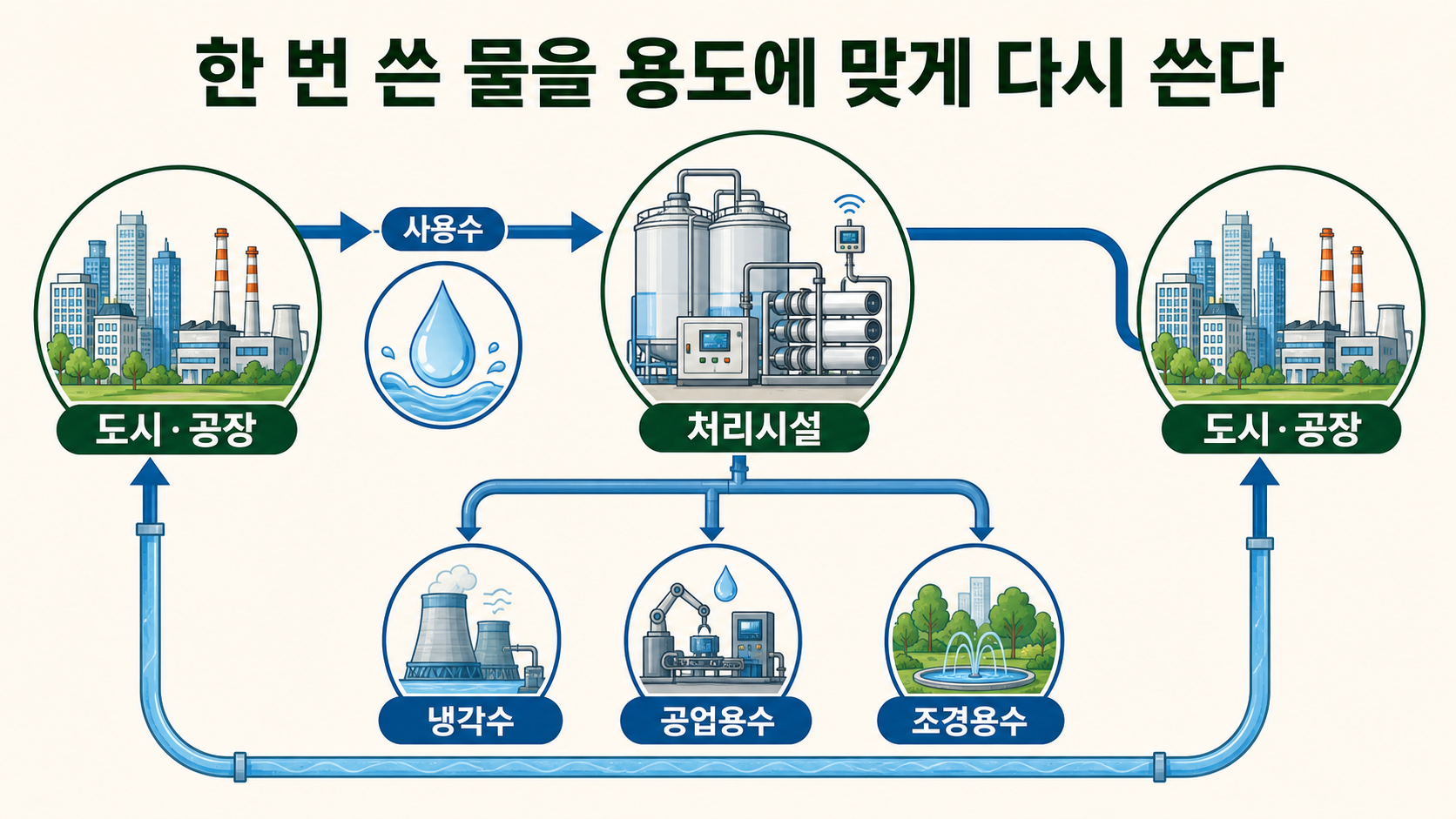도시와 공장에서 발생한 사용수를 처리해 냉각수·공업용수·조경용수로 다시 공급하는 순환형 흐름도