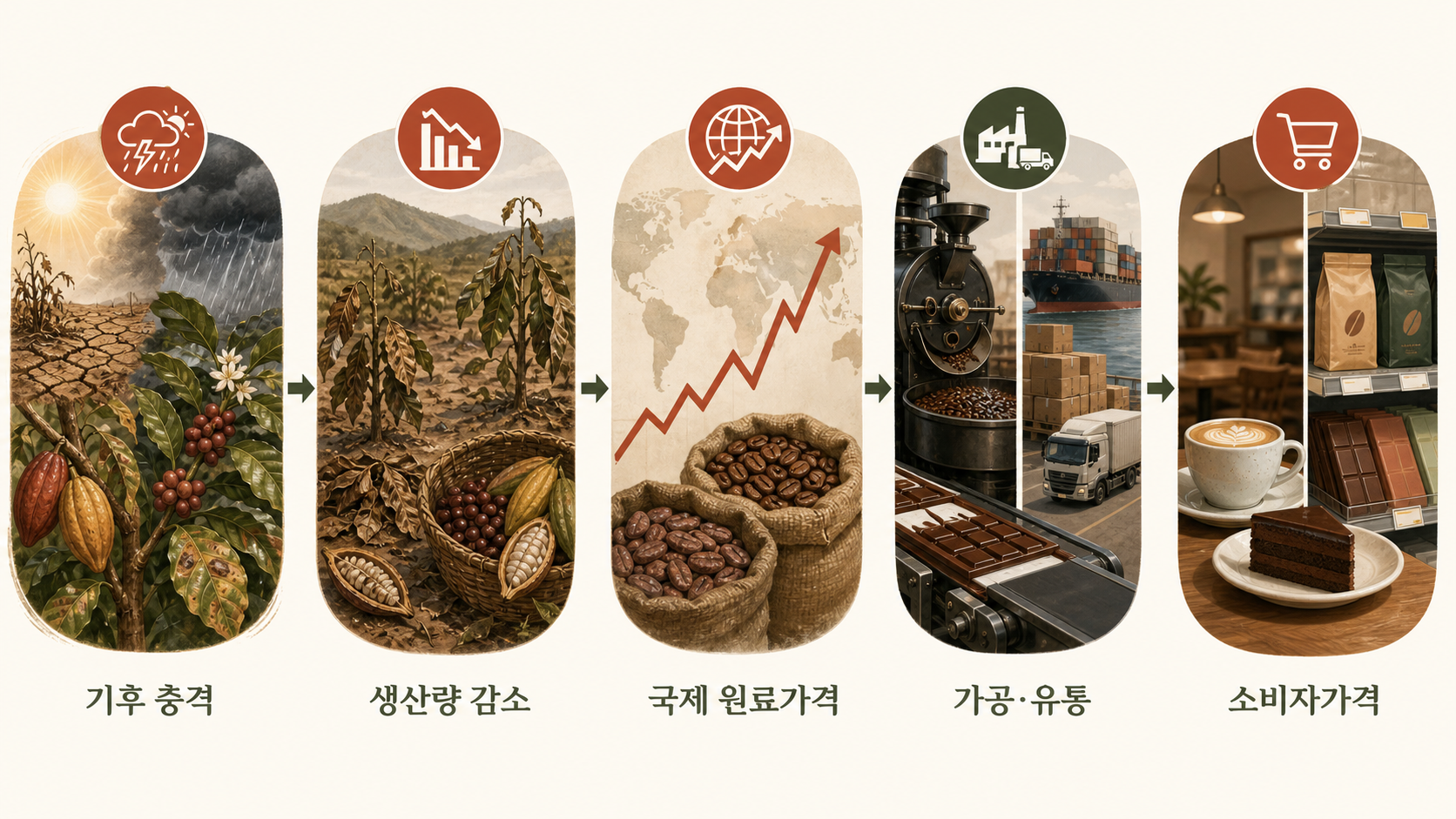 기후 충격이 생산량과 국제 원료가격을 거쳐 소비자가격에 전달되는 구조