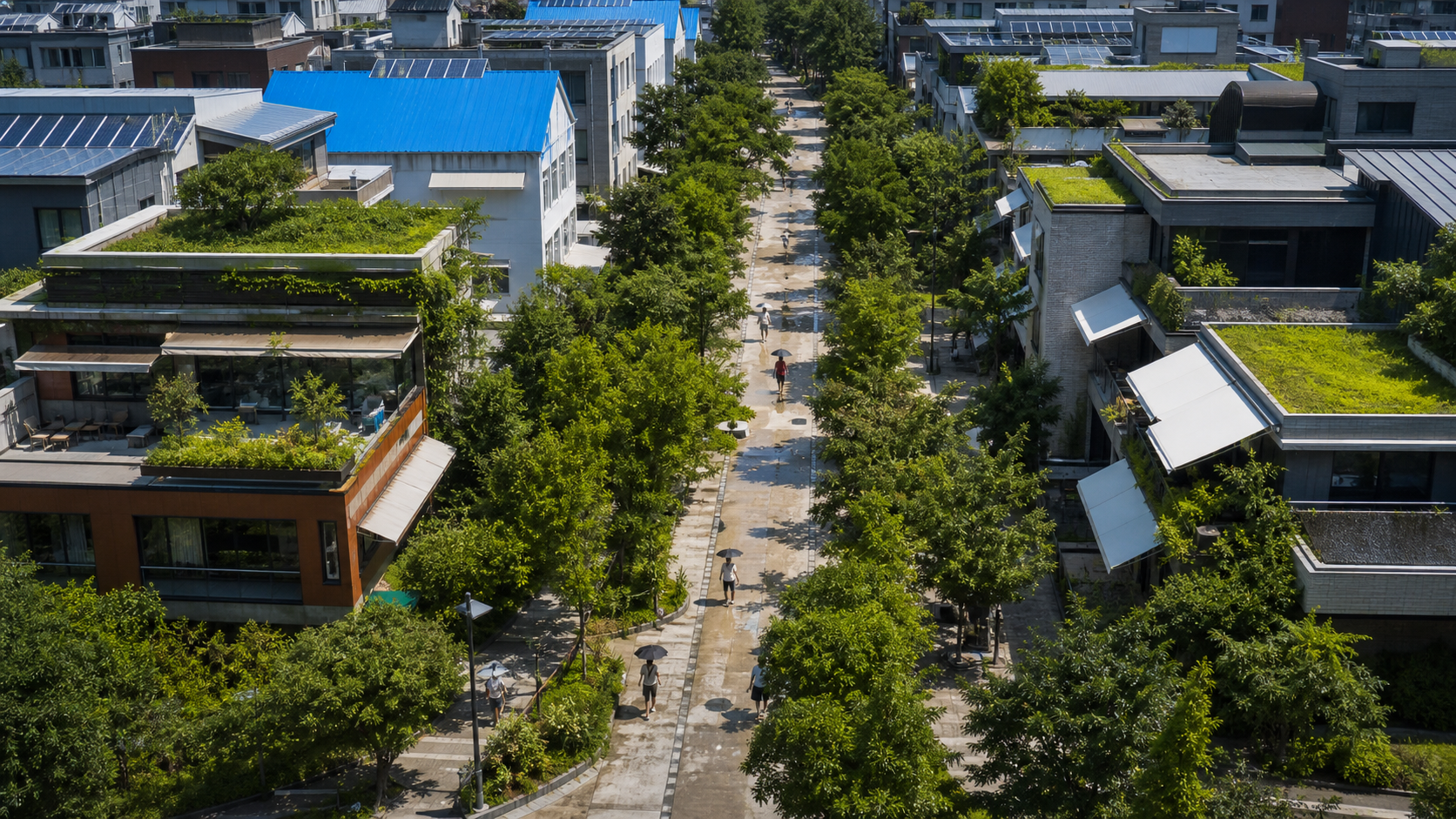 가로수 그늘과 쿨루프, 투수성 포장과 녹지가 적용된 여름 도시