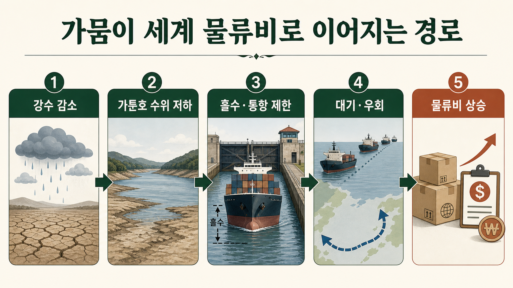 강수 감소와 가툰호 수위 저하가 흘수·통항 제한과 대기·우회를 거쳐 물류비에 영향을 주는 흐름도