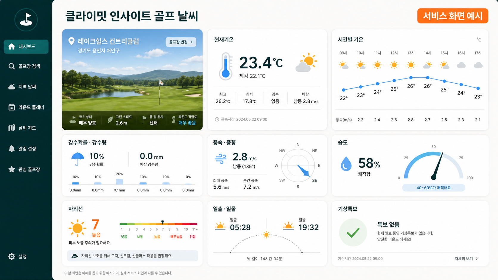 클라이밋 인사이트 골프 날씨 서비스 화면 예시