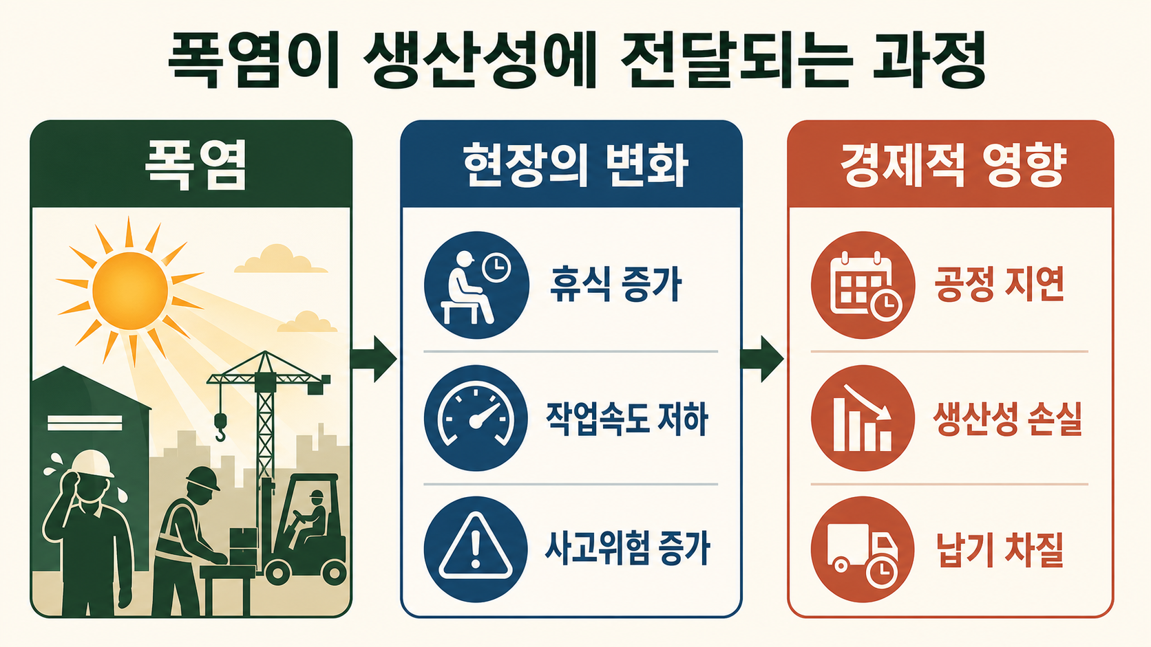 폭염이 휴식 증가·작업속도 저하·사고위험 증가를 거쳐 공정 지연과 생산성 손실로 이어지는 흐름도