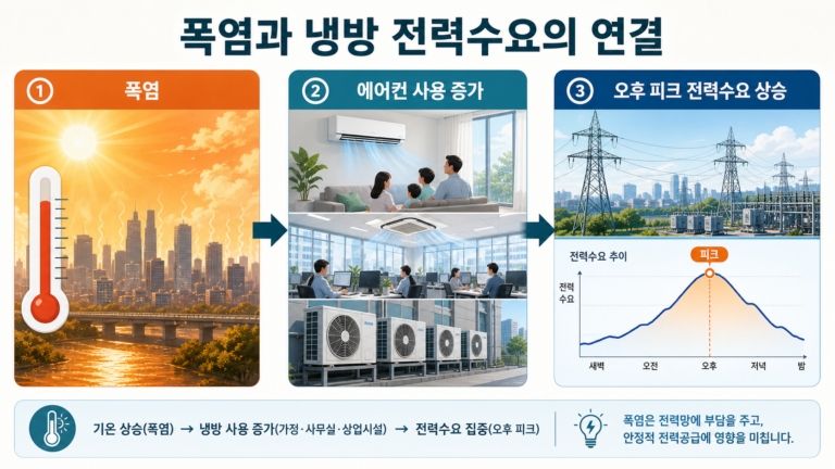 폭염과 에어컨 사용 증가 및 오후 피크 전력수요의 연결