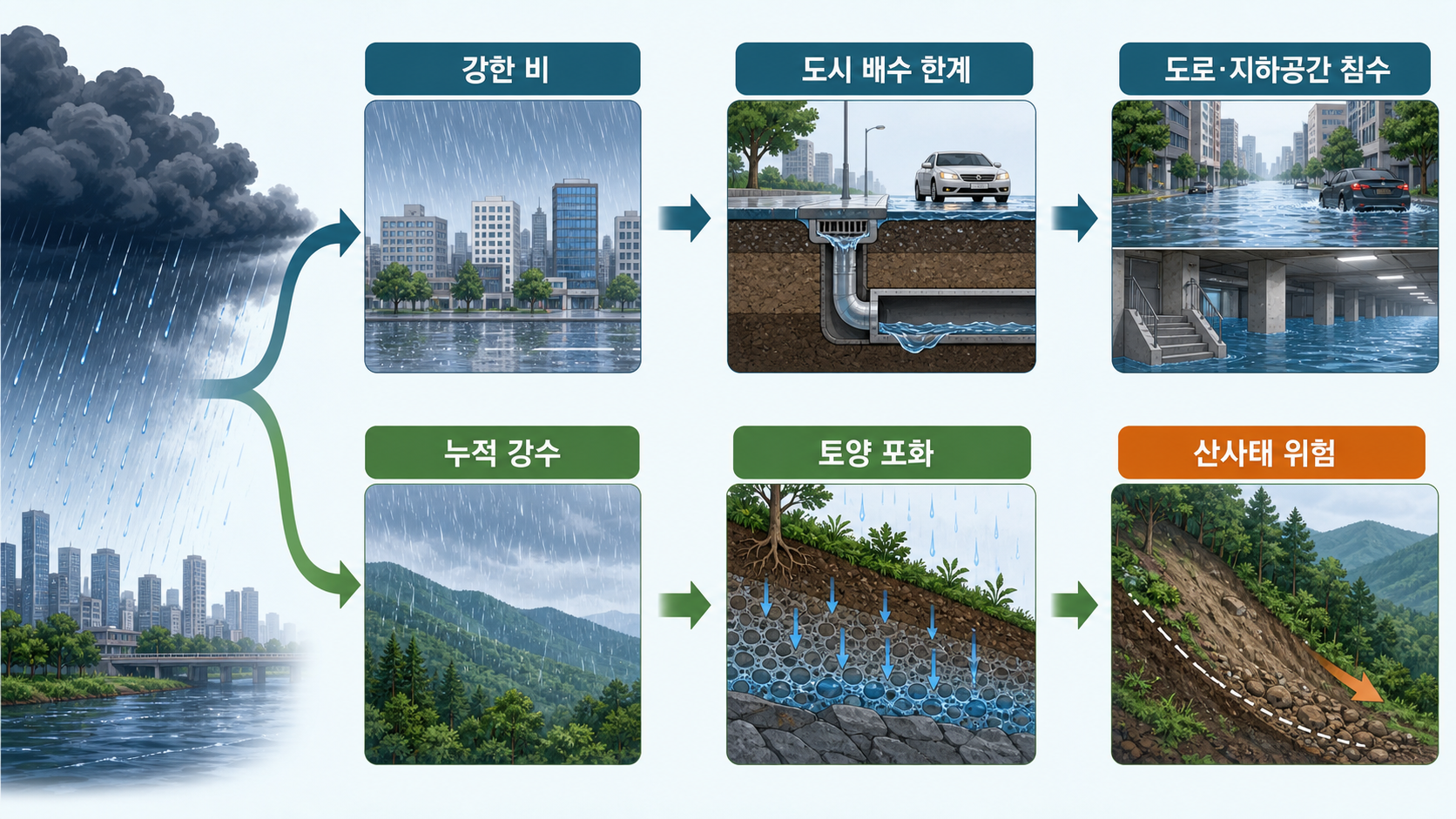 집중호우의 도시침수와 산사태 위험 경로