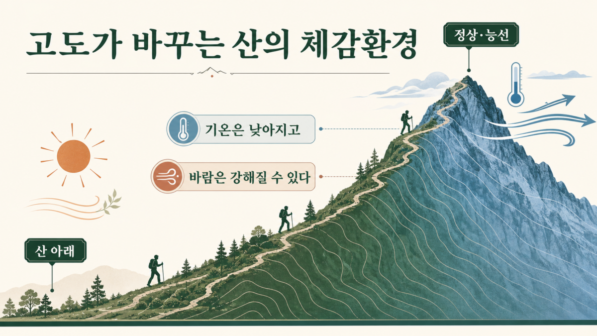 산 아래와 정상·능선의 기온과 바람 차이를 보여주는 인포그래픽