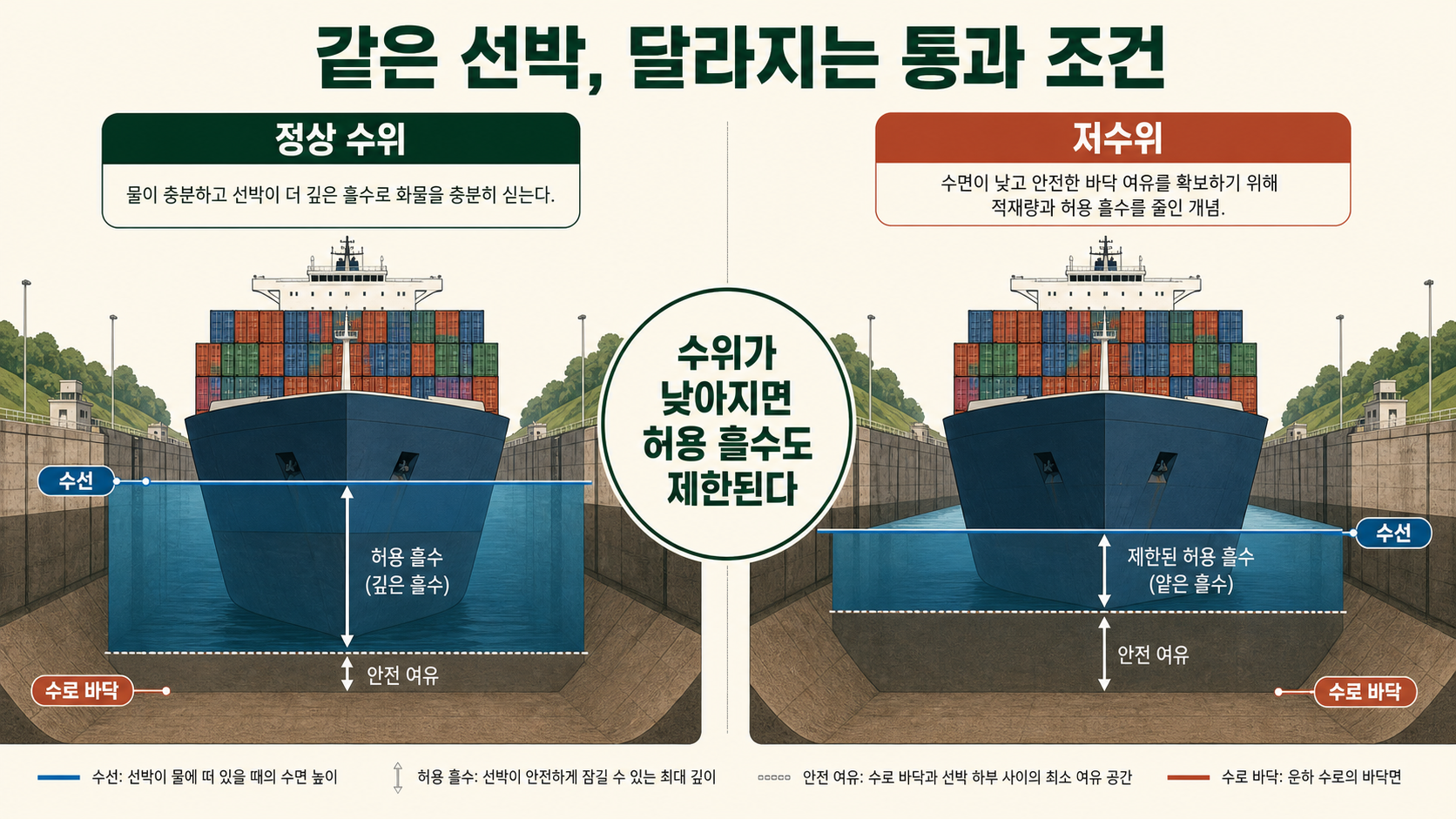 같은 대형선박이 정상 수위와 저수위에서 서로 다른 허용 흘수를 적용받는 단면 개념도