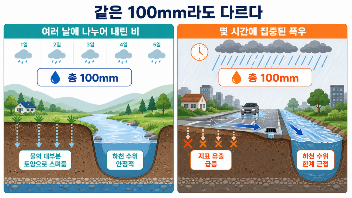 같은 100mm의 비가 내리는 시간에 따라 달라지는 영향