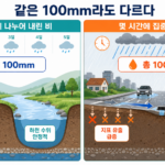 같은 100mm의 비가 내리는 시간에 따라 달라지는 영향