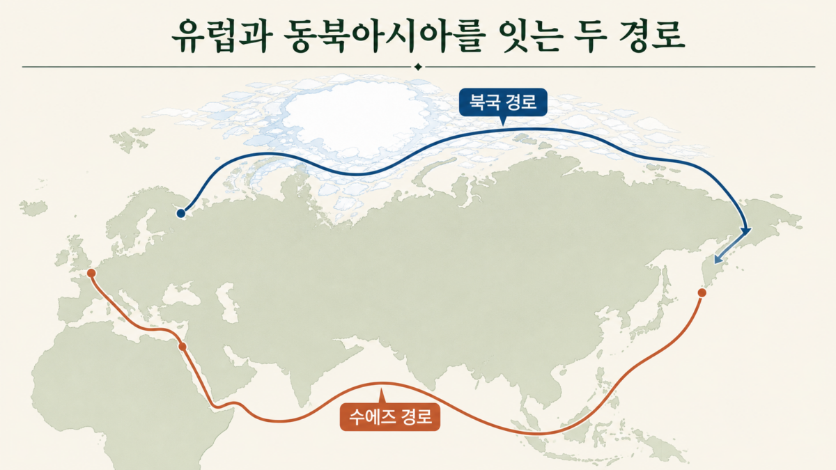 유럽과 동북아시아를 잇는 수에즈 경로와 북극 경로를 비교한 개념 지도