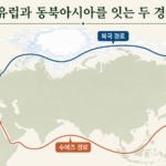 유럽과 동북아시아를 잇는 수에즈 경로와 북극 경로를 비교한 개념 지도