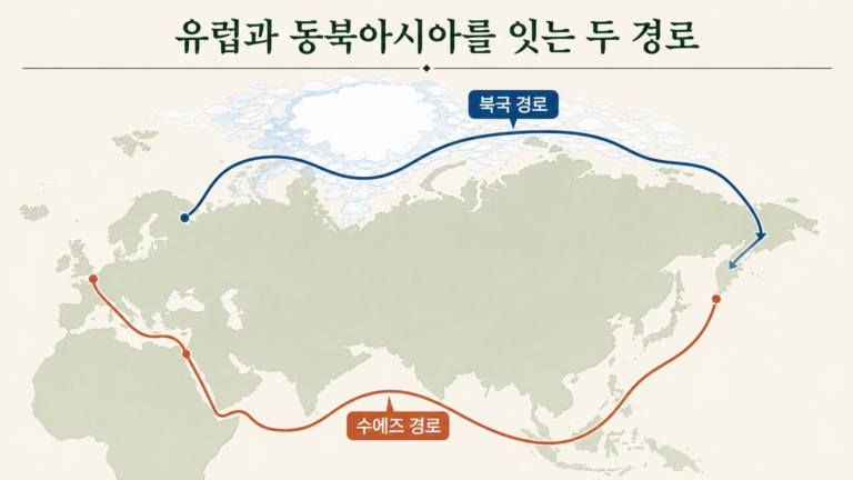 유럽과 동북아시아를 잇는 수에즈 경로와 북극 경로를 비교한 개념 지도