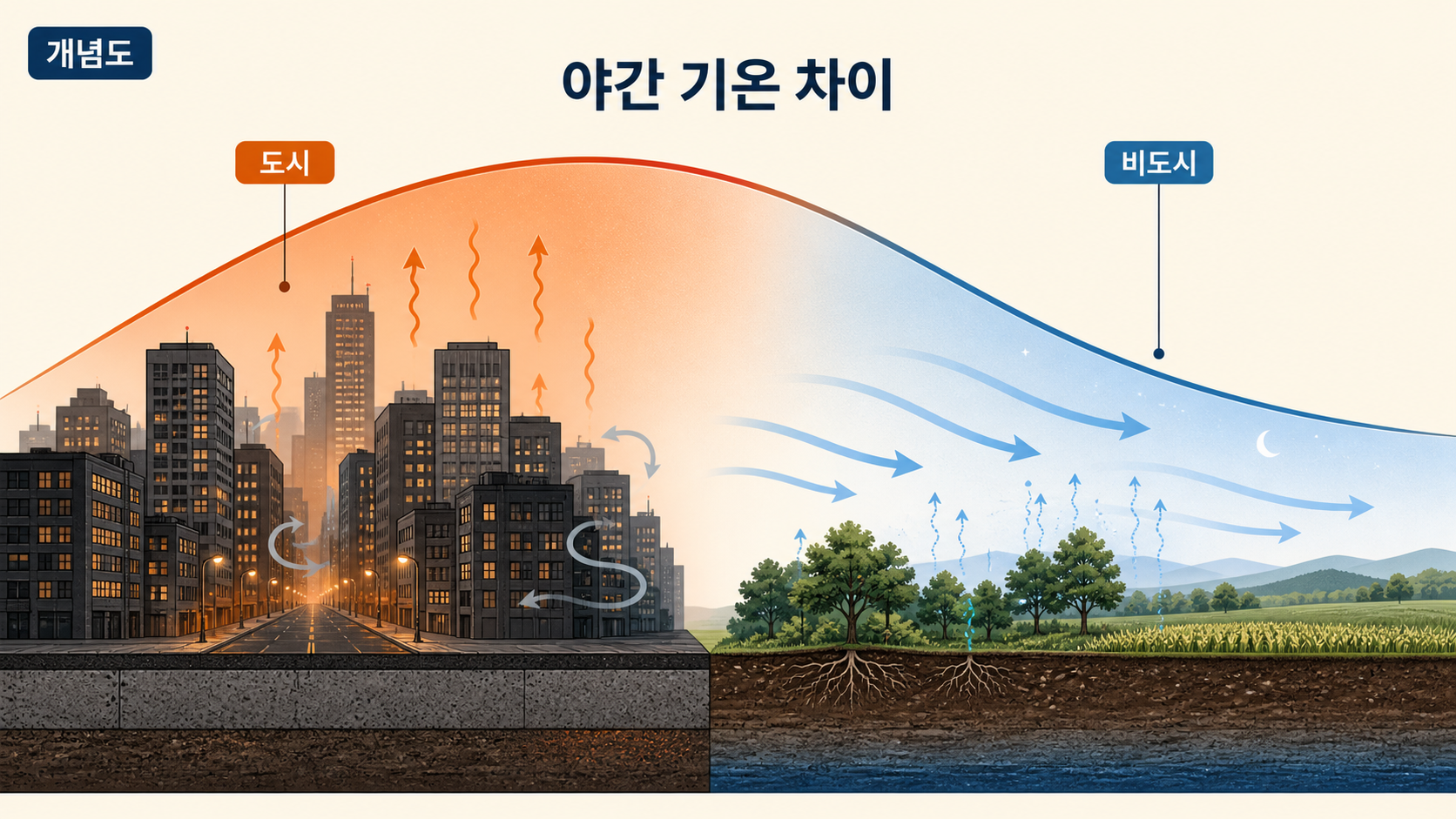 도시와 비도시의 야간 기온 차이를 비교한 단면 개념도