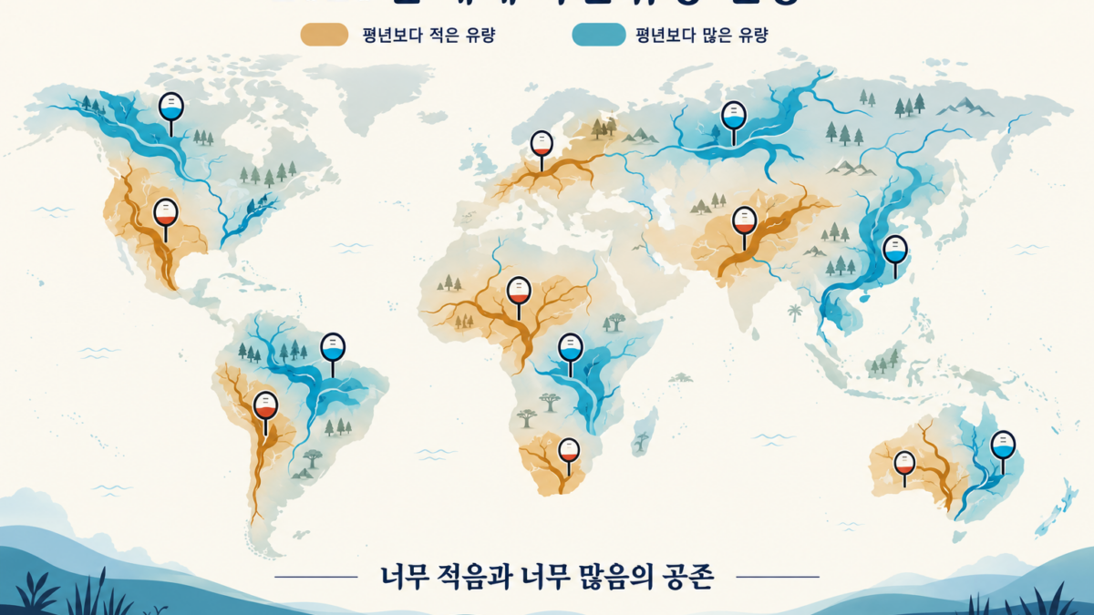 세계 여러 지역에서 평년보다 적은 유량과 많은 유량이 동시에 나타나는 개념도