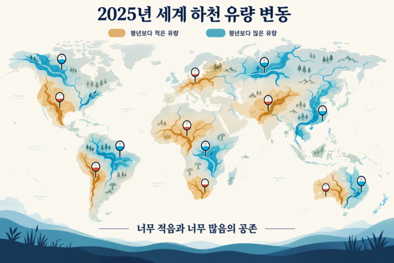 세계 여러 지역에서 평년보다 적은 유량과 많은 유량이 동시에 나타나는 개념도