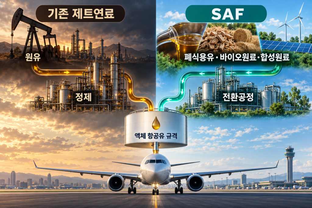 원유 기반 기존 제트연료와 폐식용유 바이오원료 합성원료 기반 SAF가 항공연료 규격으로 이어지는 과정