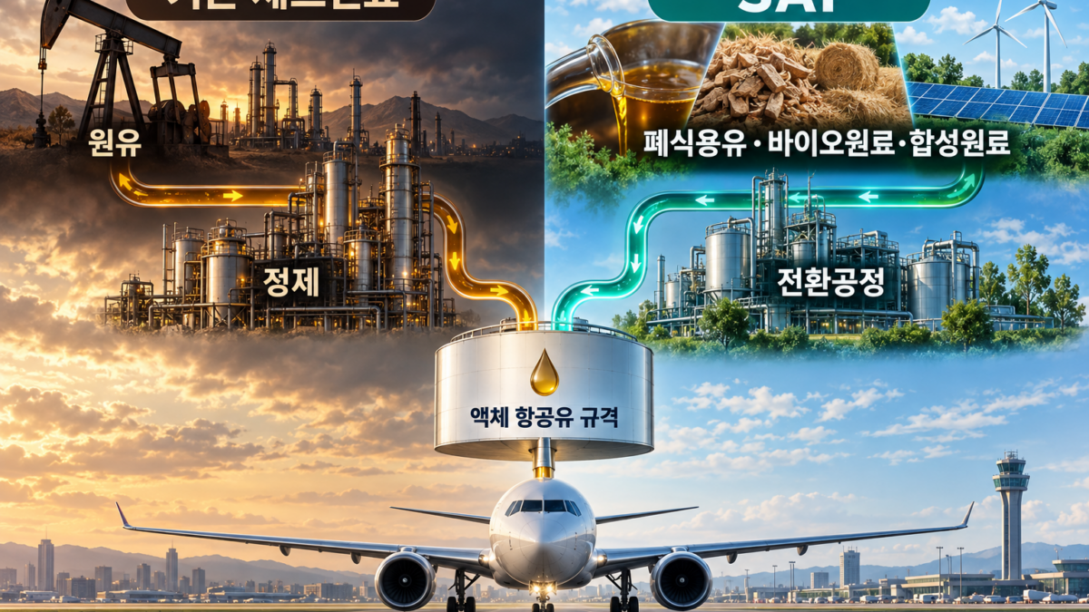 원유 기반 기존 제트연료와 폐식용유 바이오원료 합성원료 기반 SAF가 항공연료 규격으로 이어지는 과정