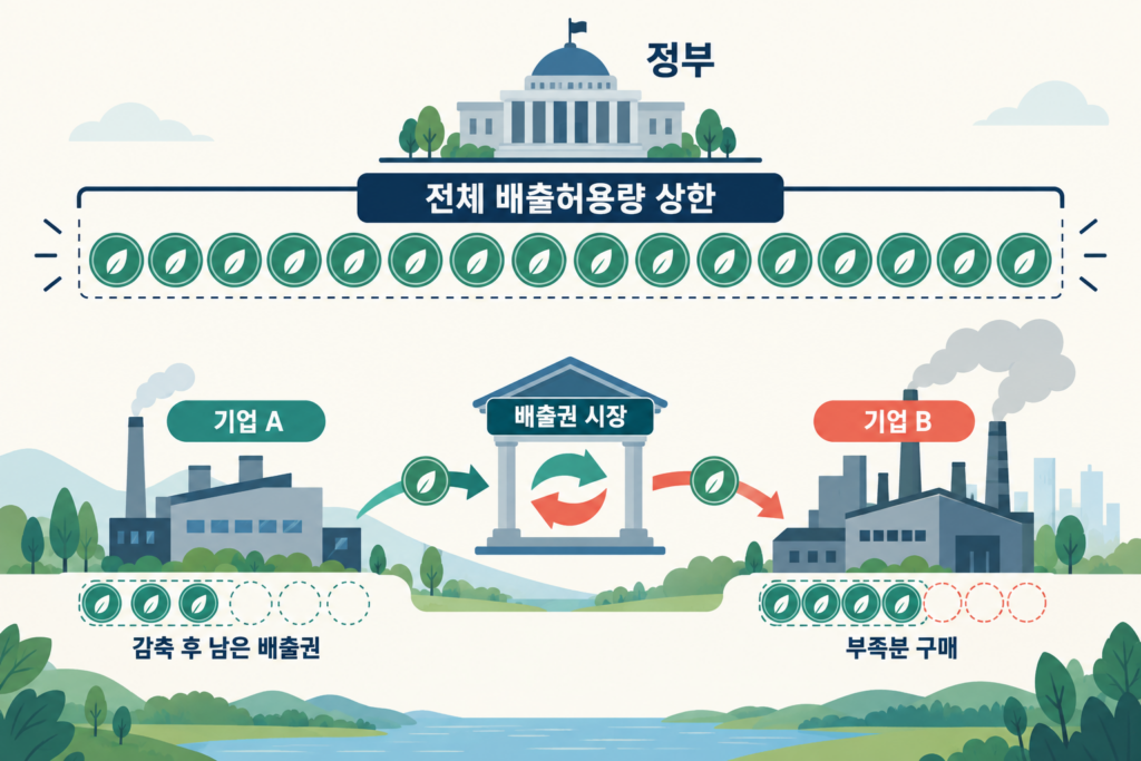 정부가 전체 배출허용량 상한을 정하고 기업 간 남거나 부족한 배출권이 거래되는 구조