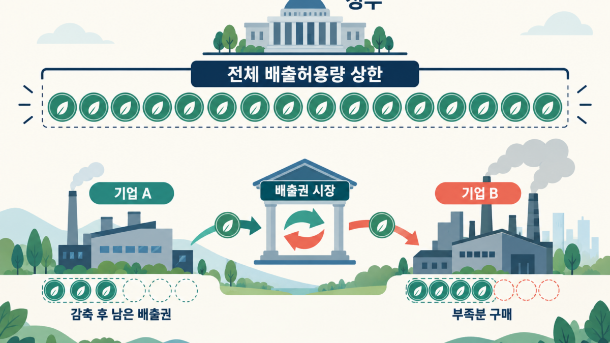 정부가 전체 배출허용량 상한을 정하고 기업 간 남거나 부족한 배출권이 거래되는 구조