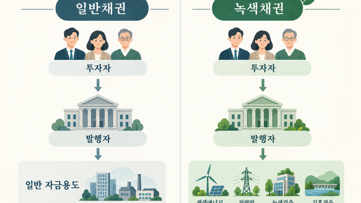 투자자와 발행자 구조는 같지만 일반채권은 일반 자금용도 녹색채권은 재생에너지 전력망 녹색건축 기후적응에 쓰이는 차이