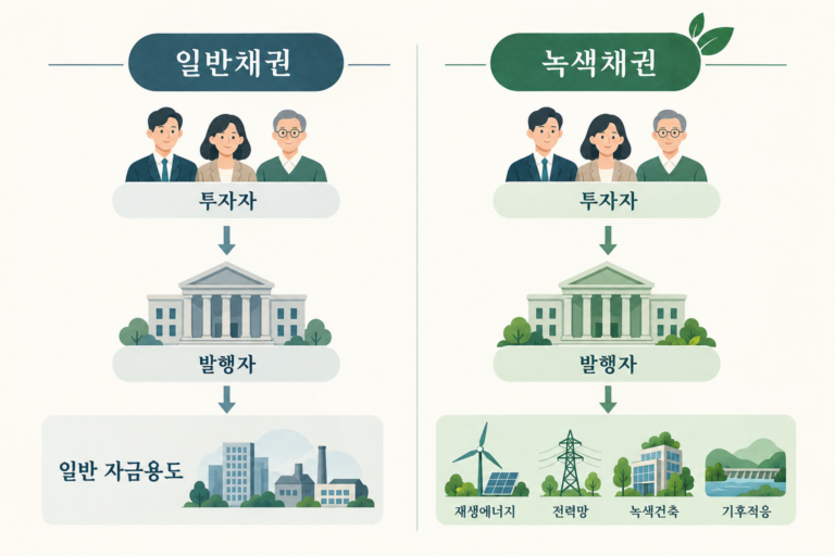 투자자와 발행자 구조는 같지만 일반채권은 일반 자금용도 녹색채권은 재생에너지 전력망 녹색건축 기후적응에 쓰이는 차이
