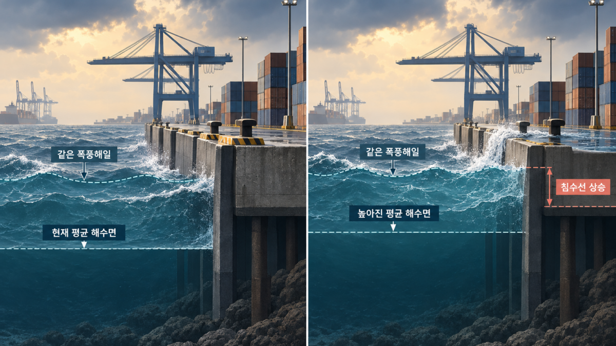 현재와 높아진 평균 해수면에서 같은 폭풍해일이 만드는 항만 침수선 차이
