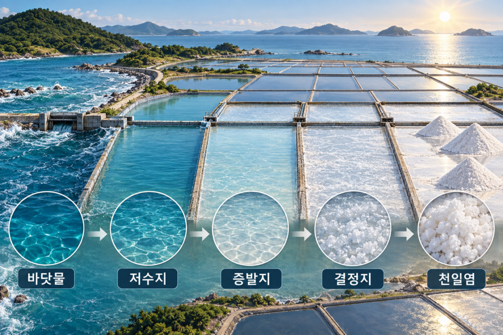 바닷물이 저수지와 증발지 결정지를 거쳐 천일염 결정이 되는 단계별 염전 생산과정