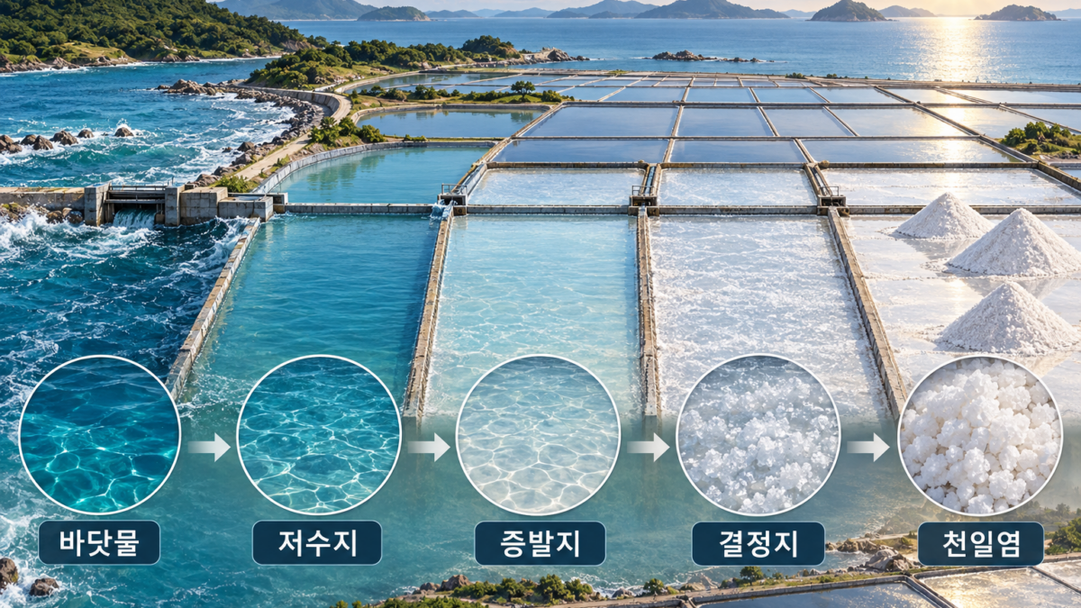 바닷물이 저수지와 증발지 결정지를 거쳐 천일염 결정이 되는 단계별 염전 생산과정