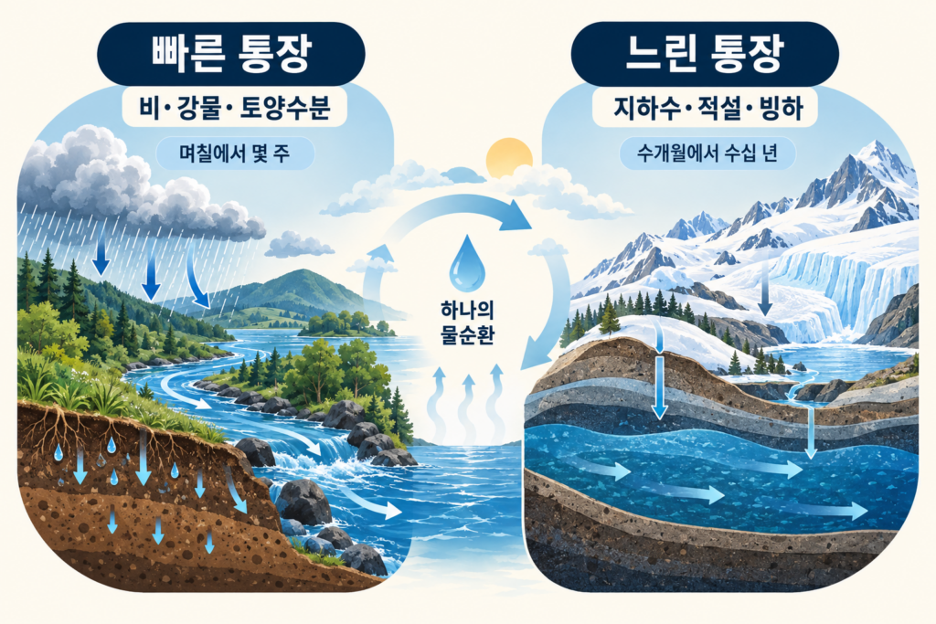 비 강물 토양수분의 빠른 변화와 지하수 적설 빙하의 느린 저장을 비교한 물순환