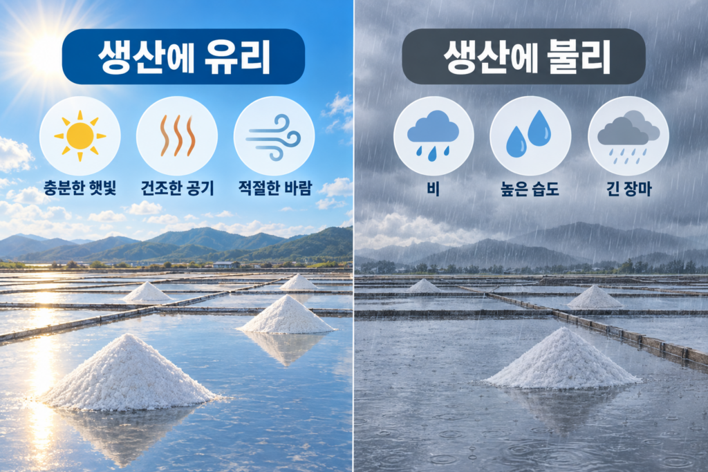 충분한 햇빛 건조한 공기 적절한 바람과 비 높은 습도 긴 장마를 비교한 염전 날씨