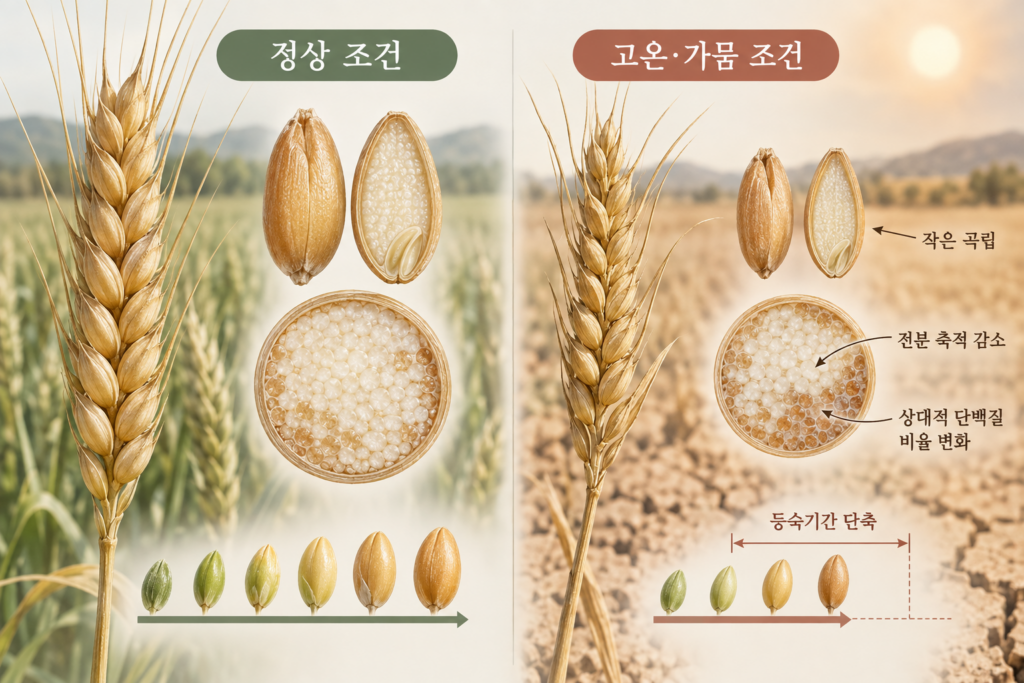 정상 조건과 고온·가뭄 조건에서 밀 곡립 크기와 전분·단백질 비율이 달라지는 과정