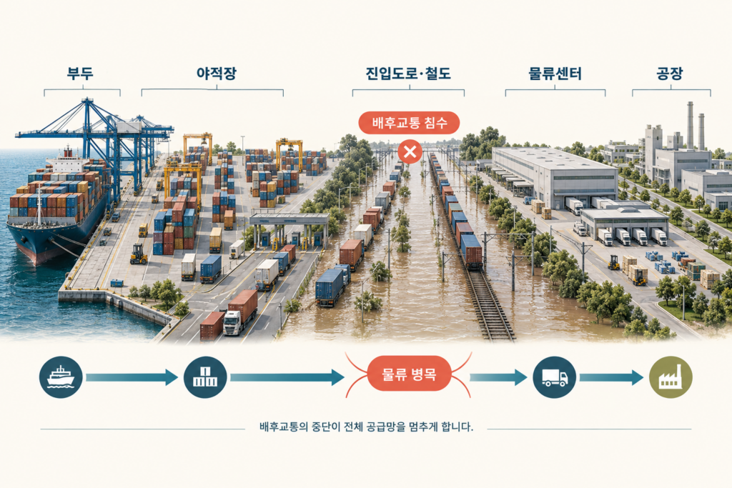 부두와 야적장 진입도로 철도 물류센터 공장으로 이어지는 공급망과 배후교통 침수 병목