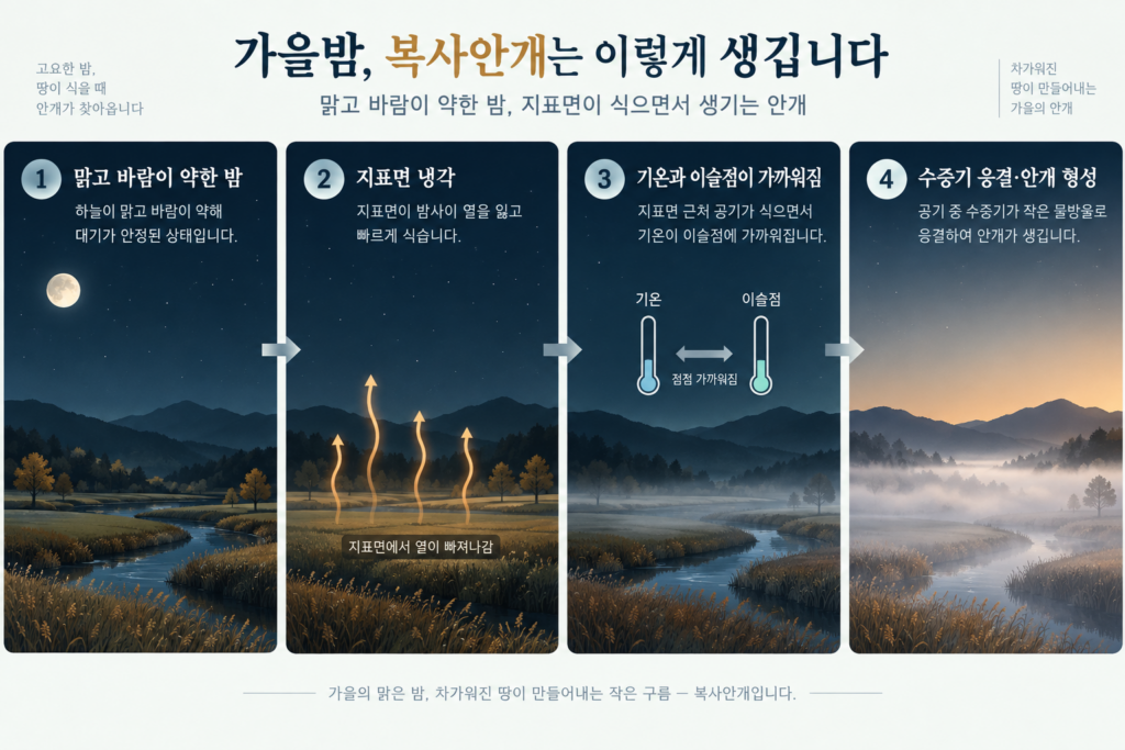 맑고 바람이 약한 밤 지표면 냉각과 기온 이슬점 접근을 거쳐 복사안개가 형성되는 네 단계
