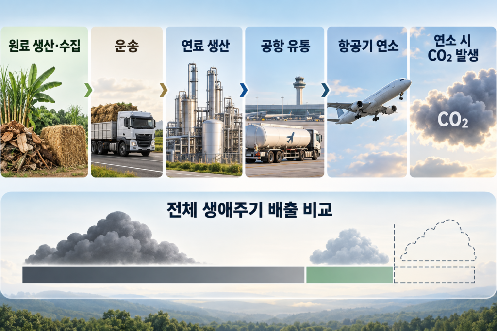 원료 수집 운송 연료 생산 공항 공급 항공기 연소까지 이어지는 SAF 생애주기 배출량 평가
