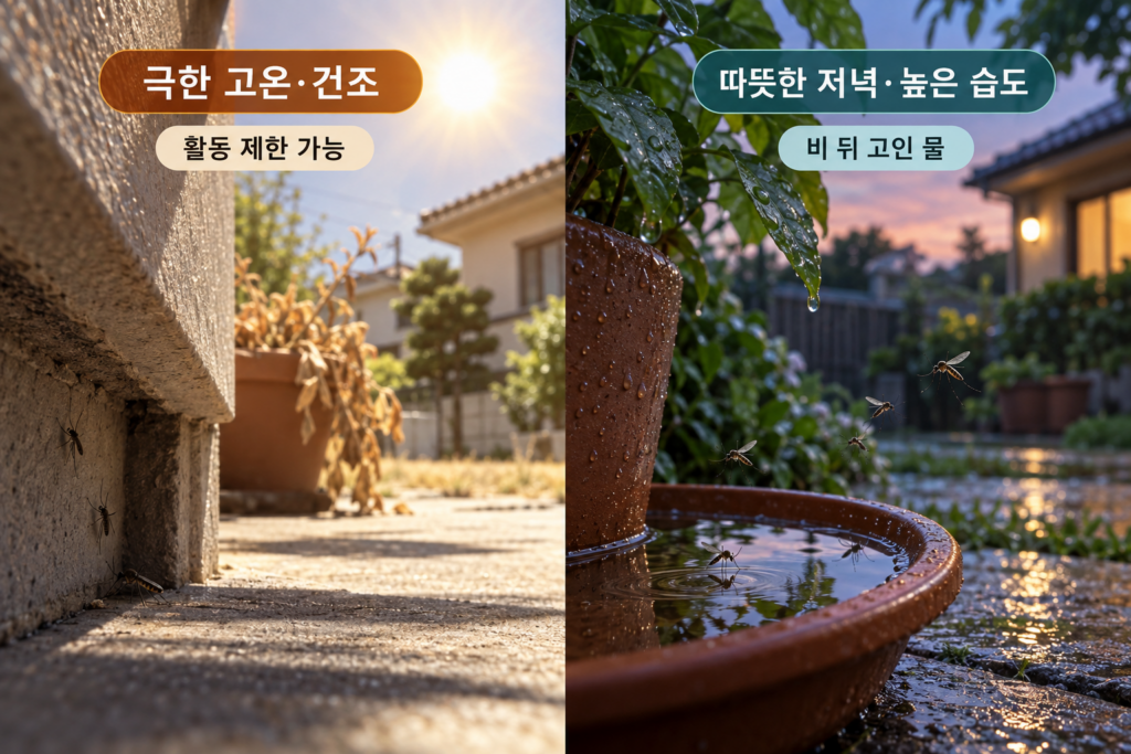 극한 고온 건조와 따뜻하고 습한 초가을의 모기 활동조건 비교
