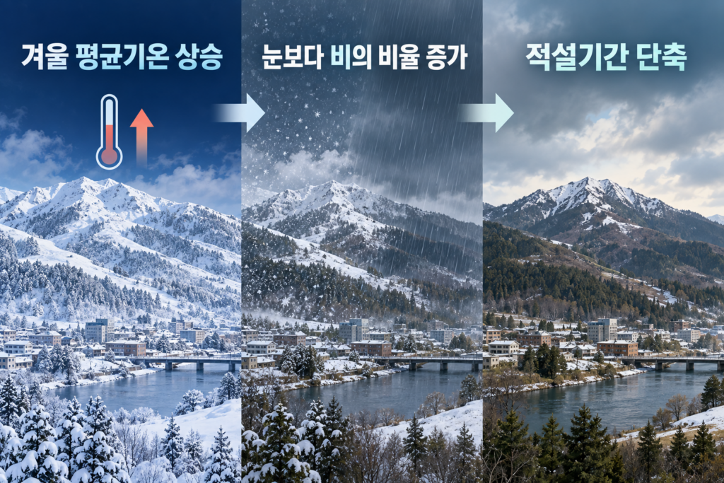 겨울 평균기온 상승이 눈보다 비의 비율 증가와 적설기간 단축으로 이어지는 개념도