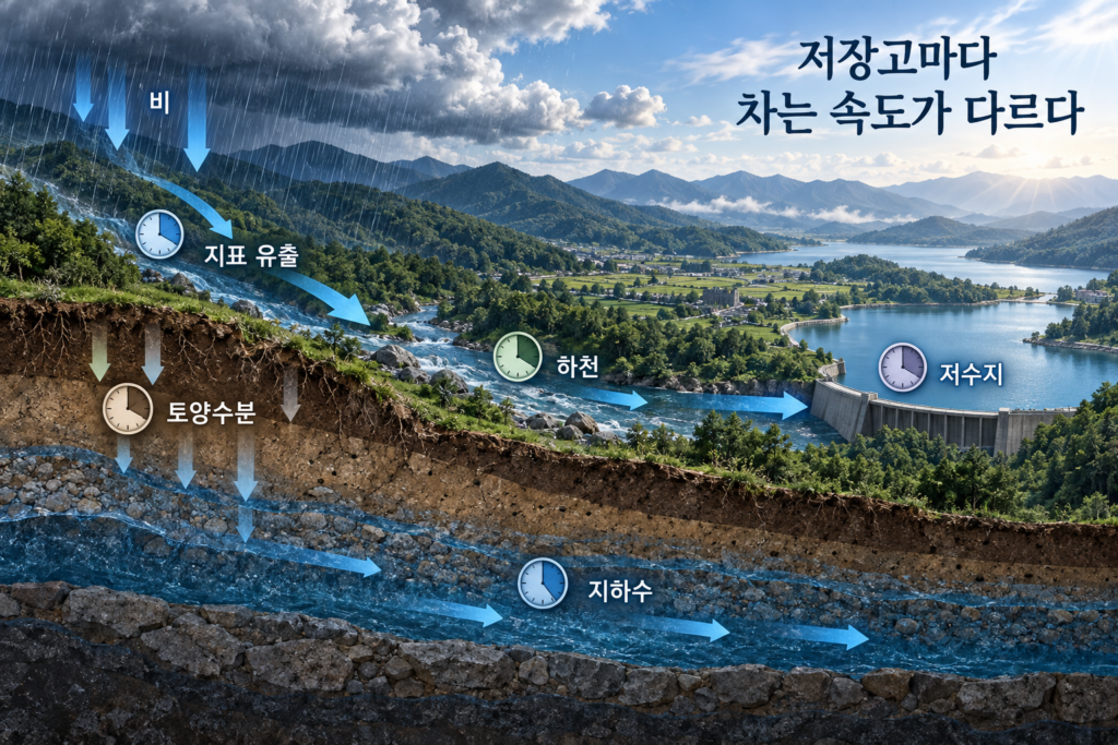 빗물이 지표 토양 하천 저수지 지하수로 이동하며 서로 다른 시간에 저장되는 과정