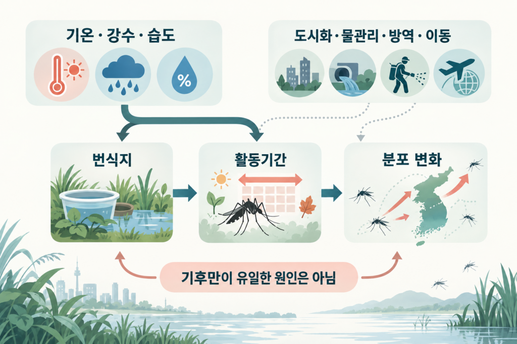 기온 강수 습도와 도시화 물관리 방역이 모기 번식지 활동기간 분포에 미치는 관계