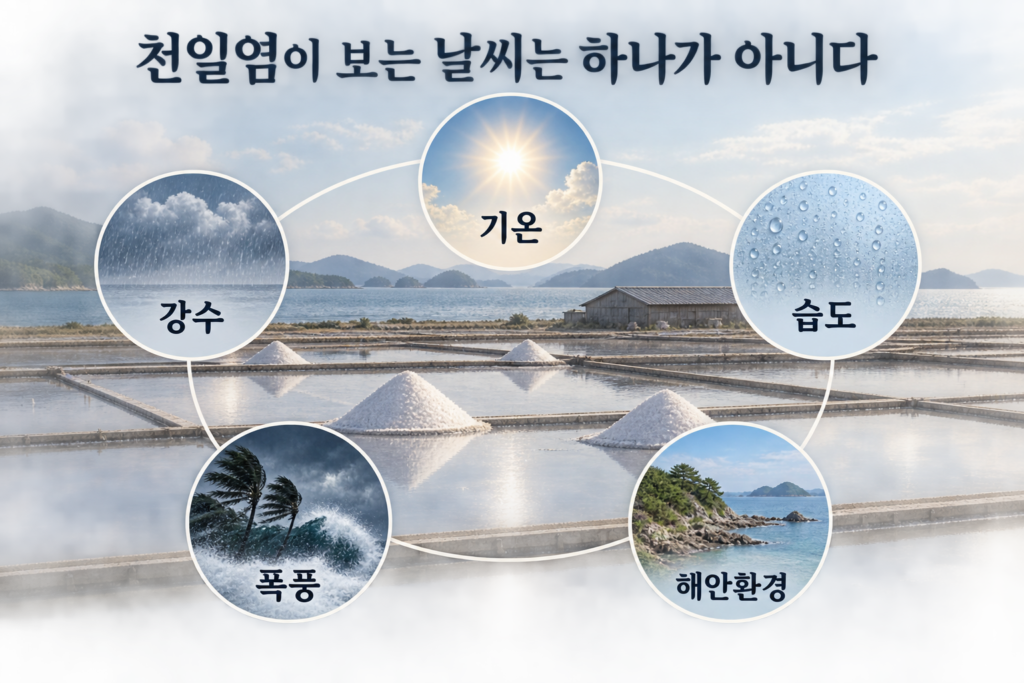 중앙 염전을 둘러싼 기온 강수 습도 폭풍 해안환경의 다섯 기후요인