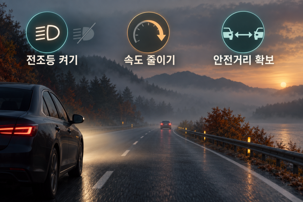 안개 낀 도로에서 전조등을 켜고 속도를 줄이며 앞차와 안전거리를 확보하는 모습