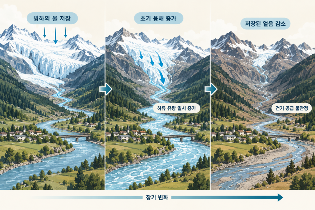 빙하 융해 초기의 유량 증가와 장기적인 얼음 저장 감소로 건기 공급이 불안정해지는 과정