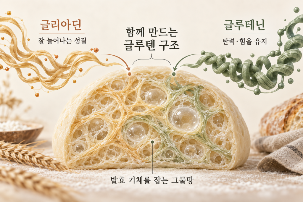 글리아딘의 신장성과 글루테닌의 탄성이 함께 발효 기체를 잡는 글루텐 구조