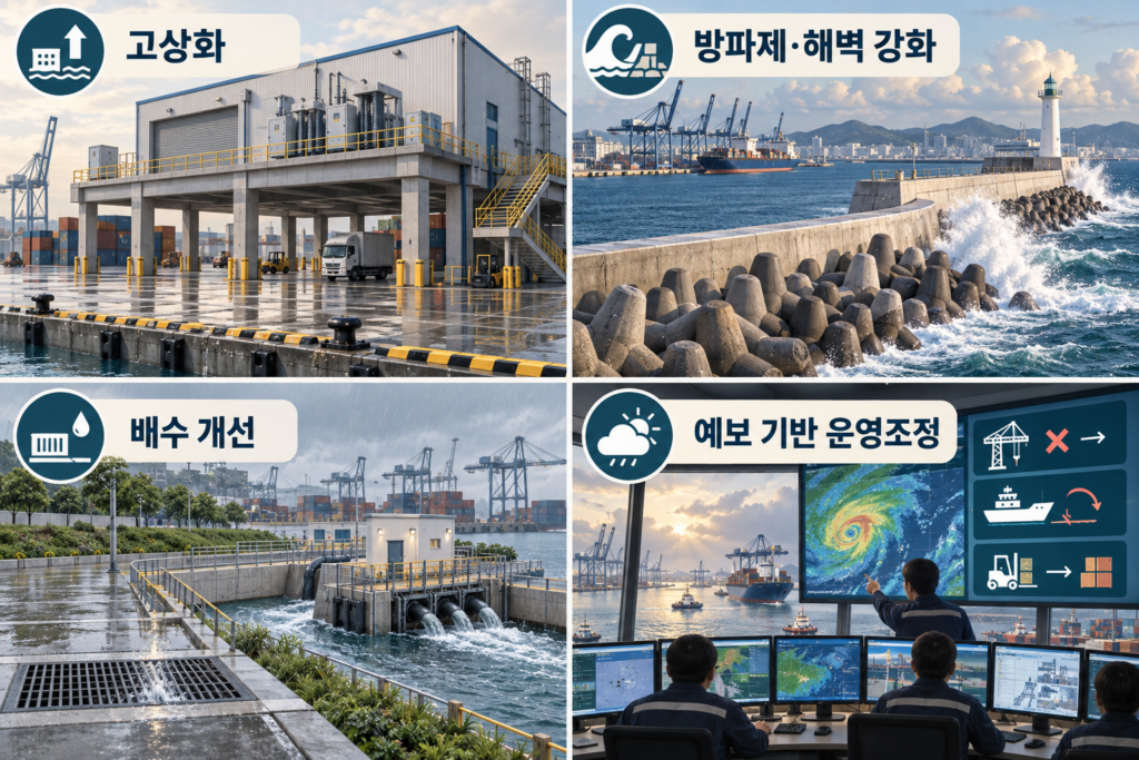 고상화 방파제와 해벽 강화 배수 개선 예보 기반 운영조정의 네 가지 항만 기후적응 방법