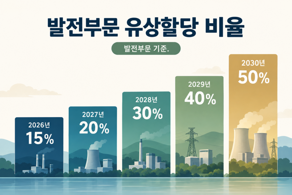 2026년 15퍼센트에서 2030년 50퍼센트까지 단계적으로 높아지는 발전부문 유상할당 비율
