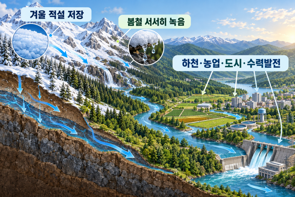 산의 겨울 적설이 봄에 녹아 하천 농업 도시와 수력발전으로 공급되는 흐름