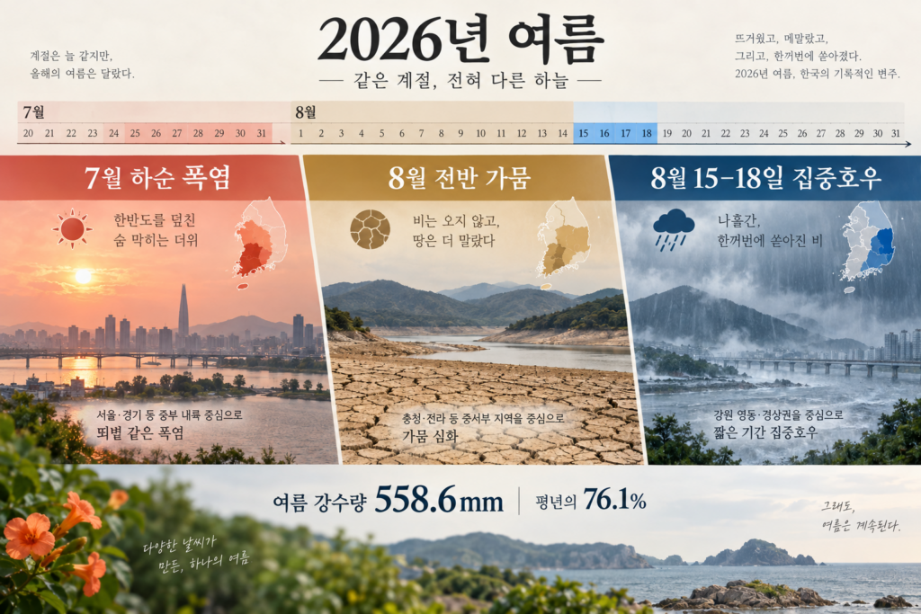 2026년 7월 하순 폭염 8월 전반 가뭄 8월 15일부터 18일 집중호우의 시간 변화