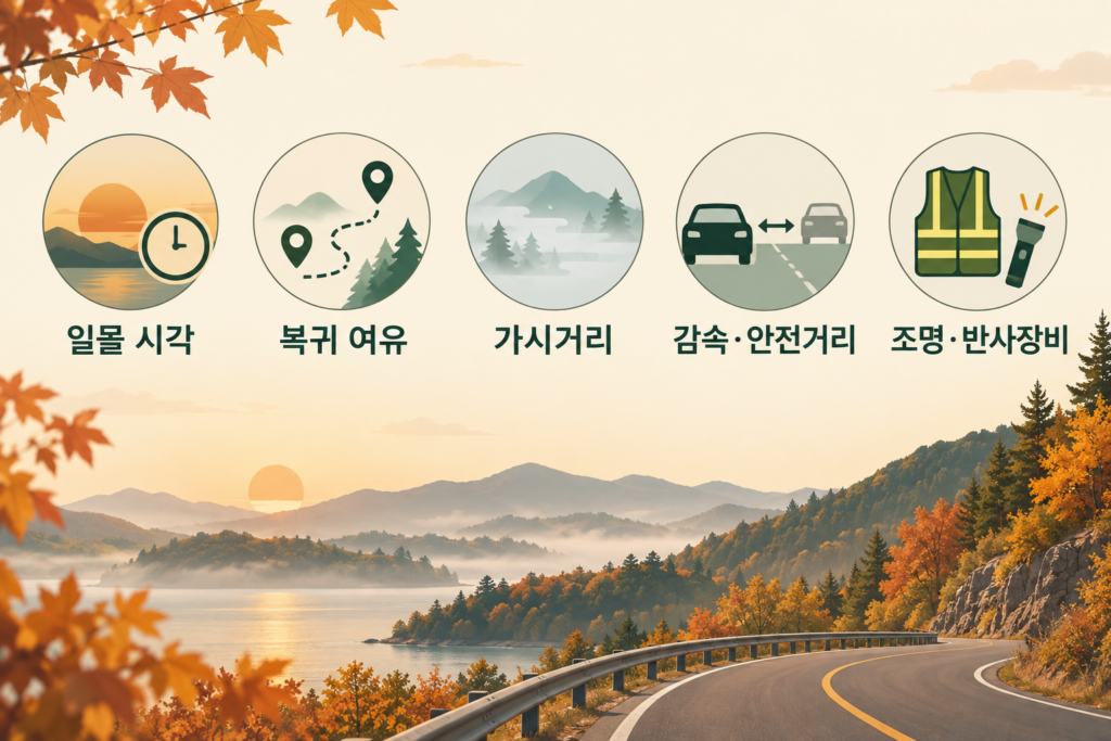일몰 시각 복귀 여유 가시거리 감속과 안전거리 조명과 반사장비를 나타낸 다섯 개 아이콘