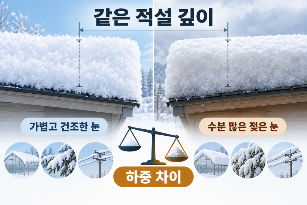 같은 적설 깊이에서 가볍고 건조한 눈과 수분이 많은 젖은 눈의 하중을 비교한 그림