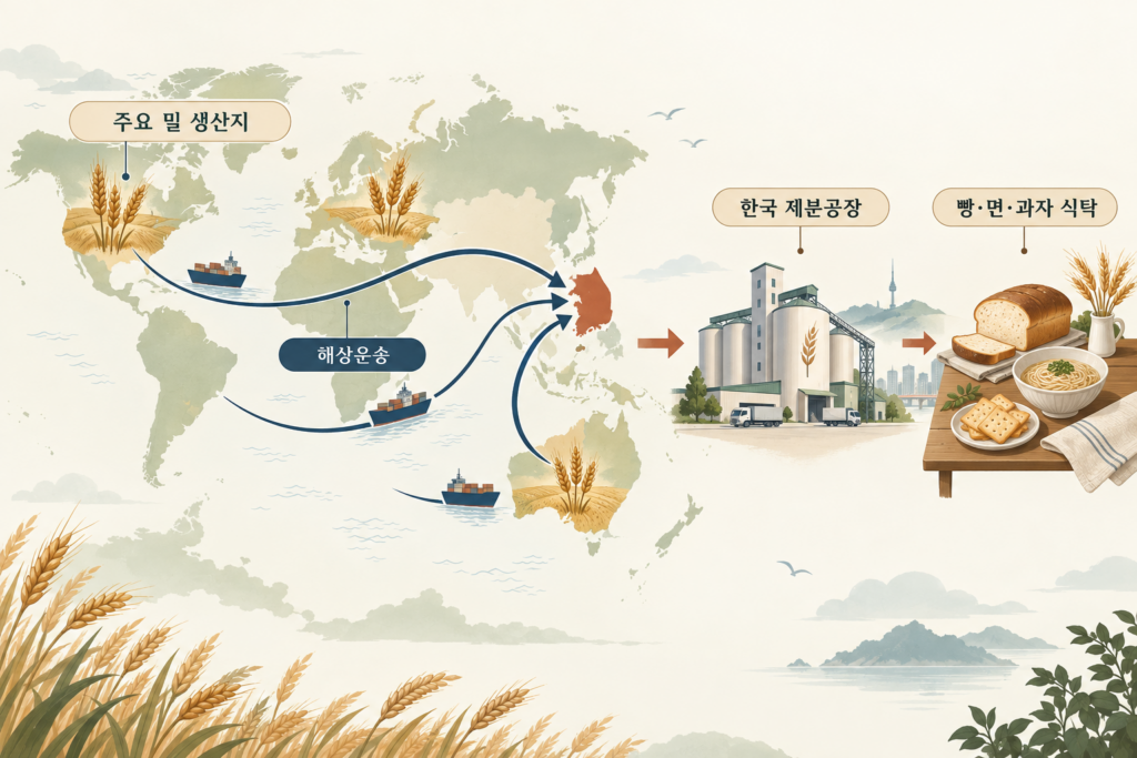 세계 주요 밀 생산지에서 해상운송과 한국 제분공장을 거쳐 빵·면·과자로 이어지는 공급망