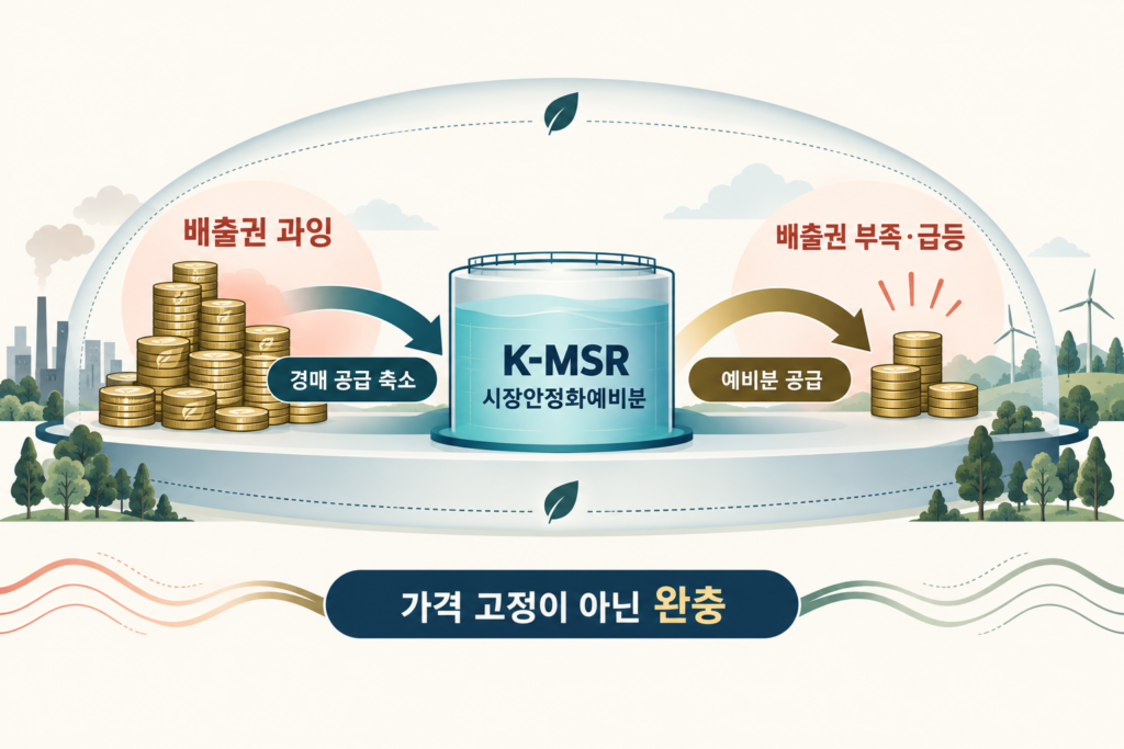배출권 과잉 때 경매 공급을 줄이고 부족과 급등 때 예비분을 공급하는 K-MSR 완충구조